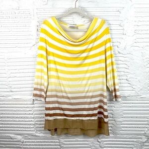 Logo by Lori Goldstein Yellow & Brown Stripe Tunic Sheer Ruffle Hem Cowl Neck M